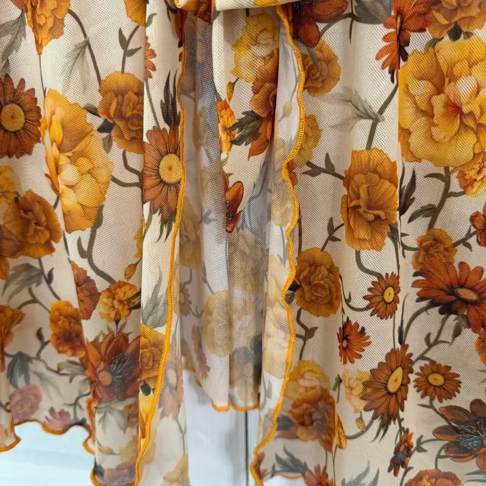 Floral Print V Neck Long Sleeve Bow Tie Front Sheer Blouse Top